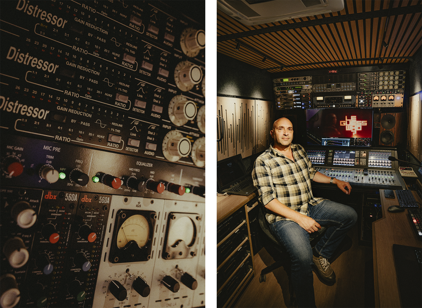 Two photos: the first shows a sound panel. The second is a photo of Marc Broer in his recording van. You can see all kinds of different sound panels and the Le Guess Who? logo on a screen.